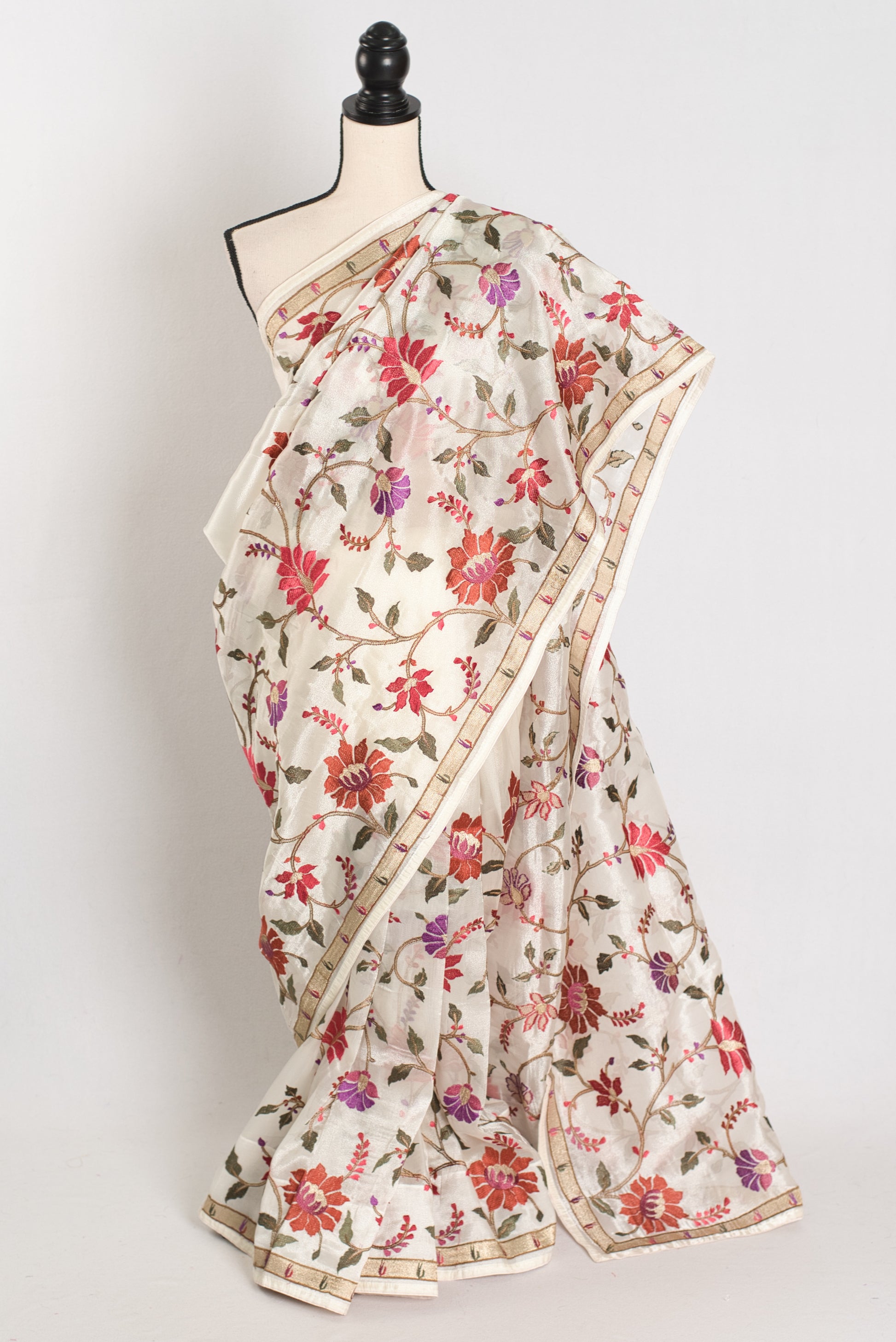 Madhavi : Organza Designer Saree with Heavy Embroidery Work in Off White image 0