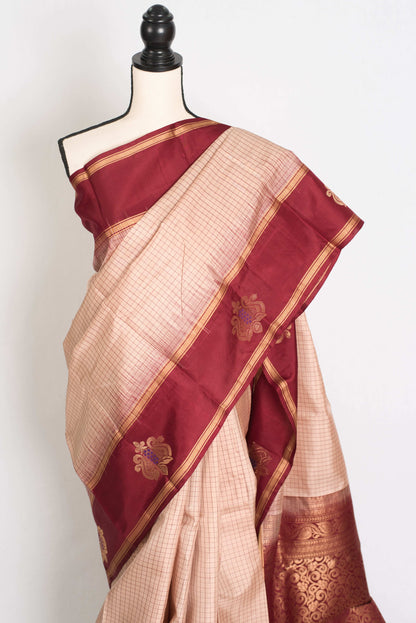 Latha : Silk Mark Certified Cream and Red Checks Kanjeevaram Silk Saree image 6