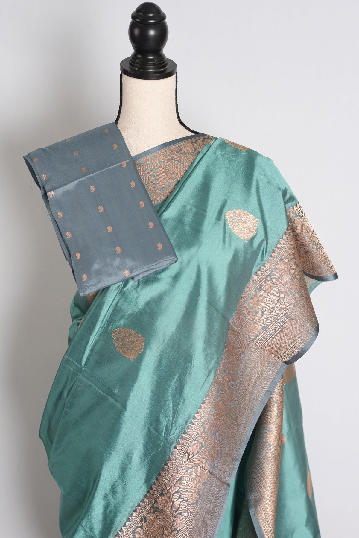 Uma: Pastel Green and Grey Banarasi Silk Saree with Blouse Piece image 2