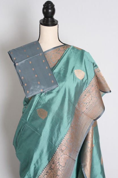 Uma: Pastel Green and Grey Banarasi Silk Saree with Blouse Piece image 2
