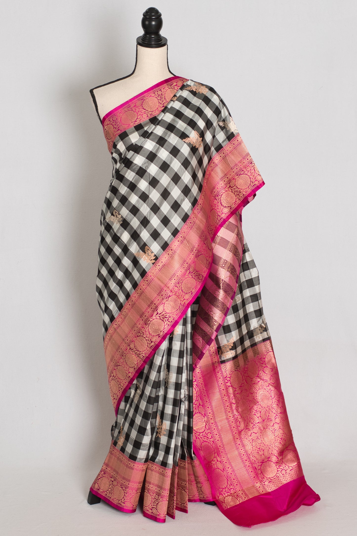 Priyanka :Black and White Checks Katan Silk Banarasi Saree | Silk Mark Certified image 0