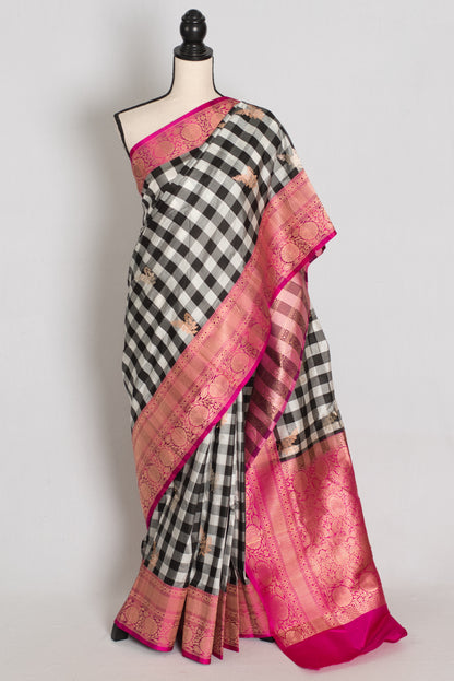 Priyanka :Black and White Checks Katan Silk Banarasi Saree | Silk Mark Certified image 0