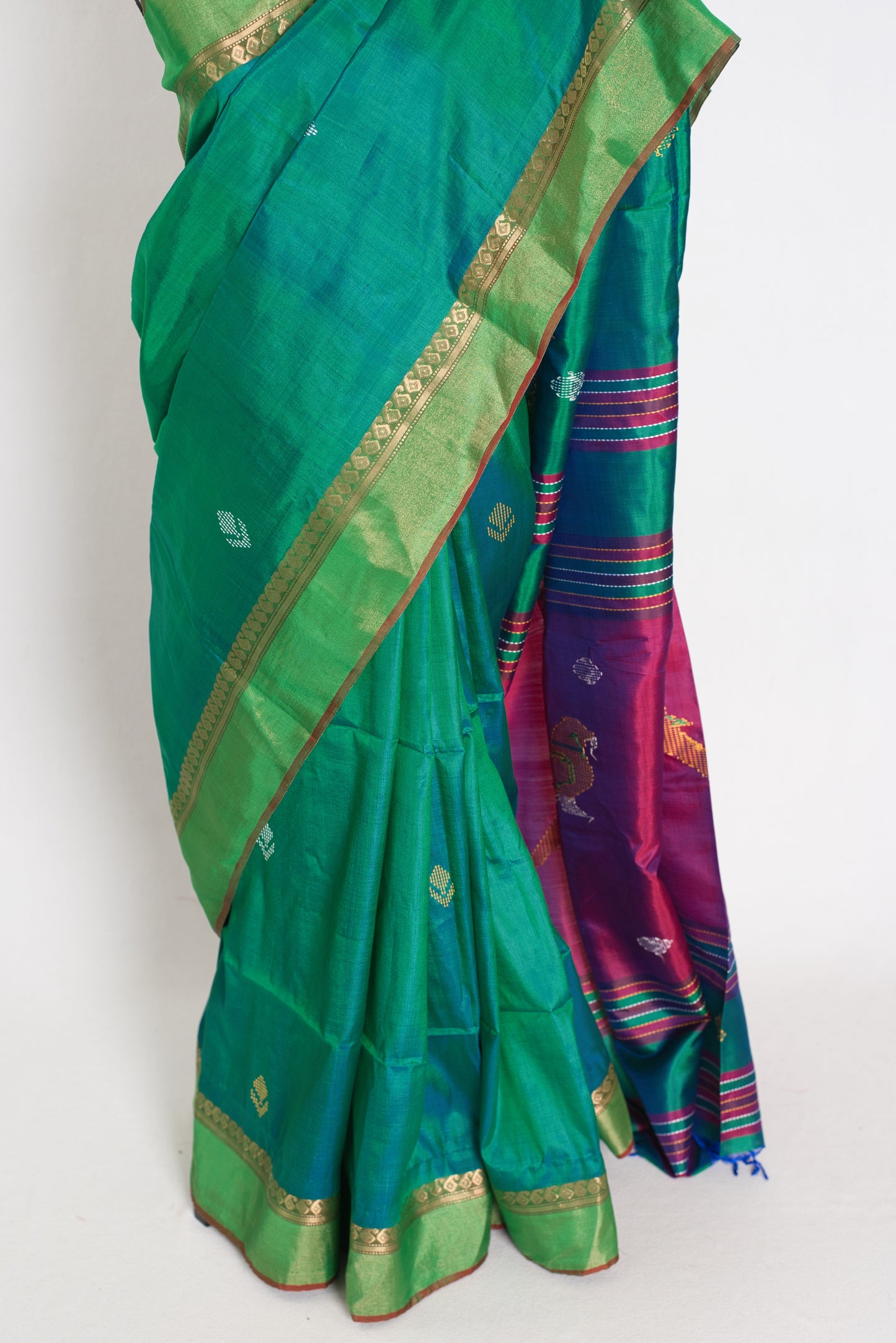 Shalini : Lightweight Bishnupur Katan Silk Saree in Emerald Green and Purple image 5