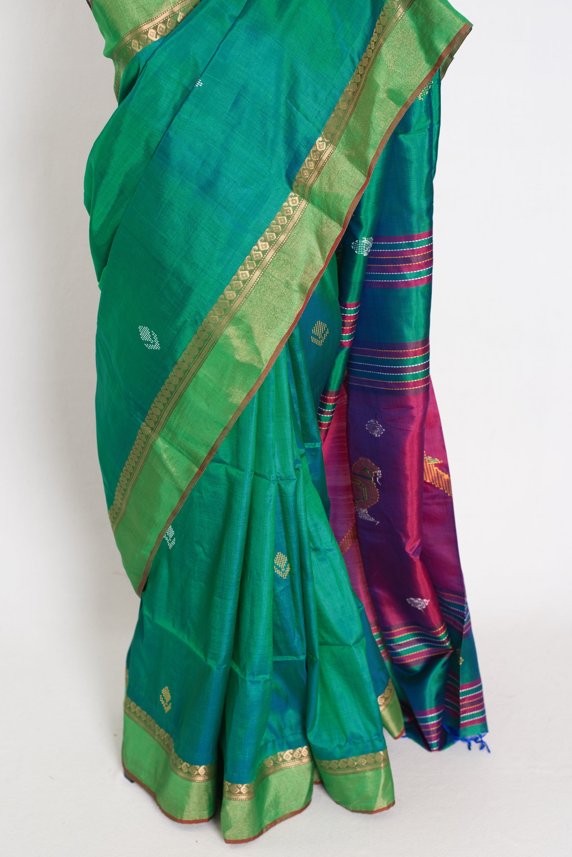 Shalini : Lightweight Bishnupur Katan Silk Saree in Emerald Green and Purple image 5