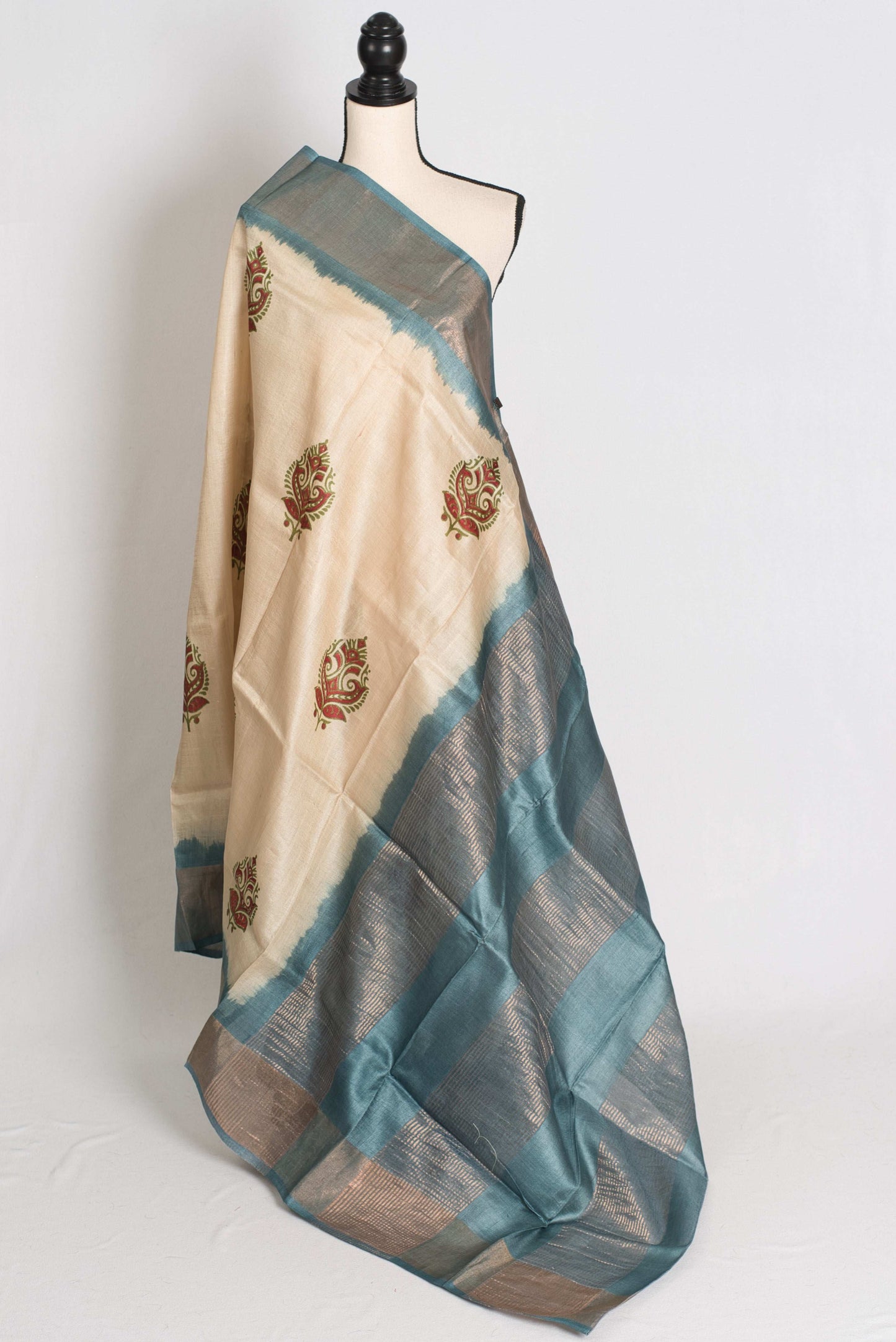 Bristy: Hand Block Printed Tussar Silk Saree in Cream and Grey image 1