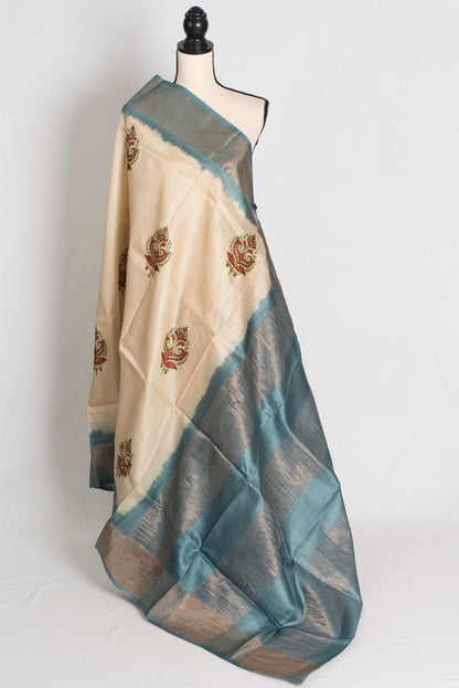 Bristy: Hand Block Printed Tussar Silk Saree in Cream and Grey image 1