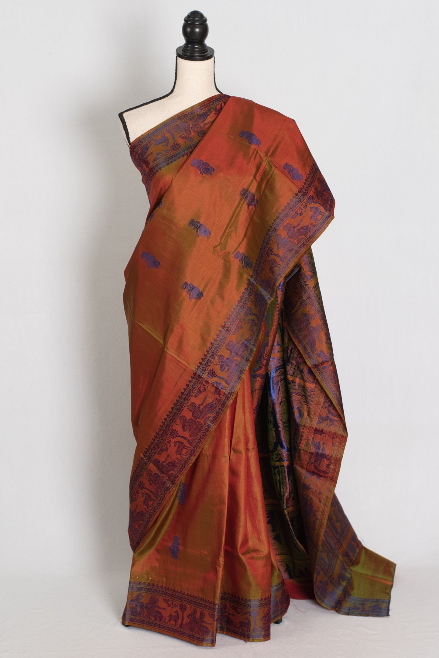Nita | Brown and Blue Handwoven Baluchari Silk Saree with Blue Minakari Detail image 0
