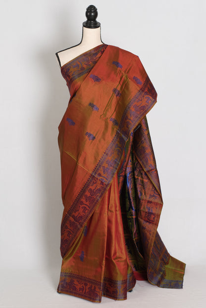Nita | Brown and Blue Handwoven Baluchari Silk Saree with Blue Minakari Detail image 0