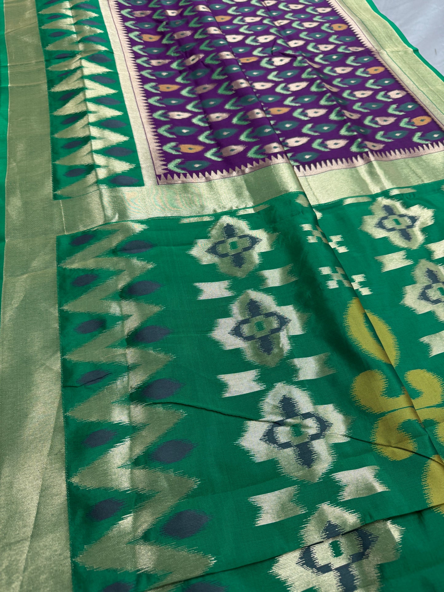 Sabina | Royal Purple & Emerald Green Art Silk Pochampally Saree image 3