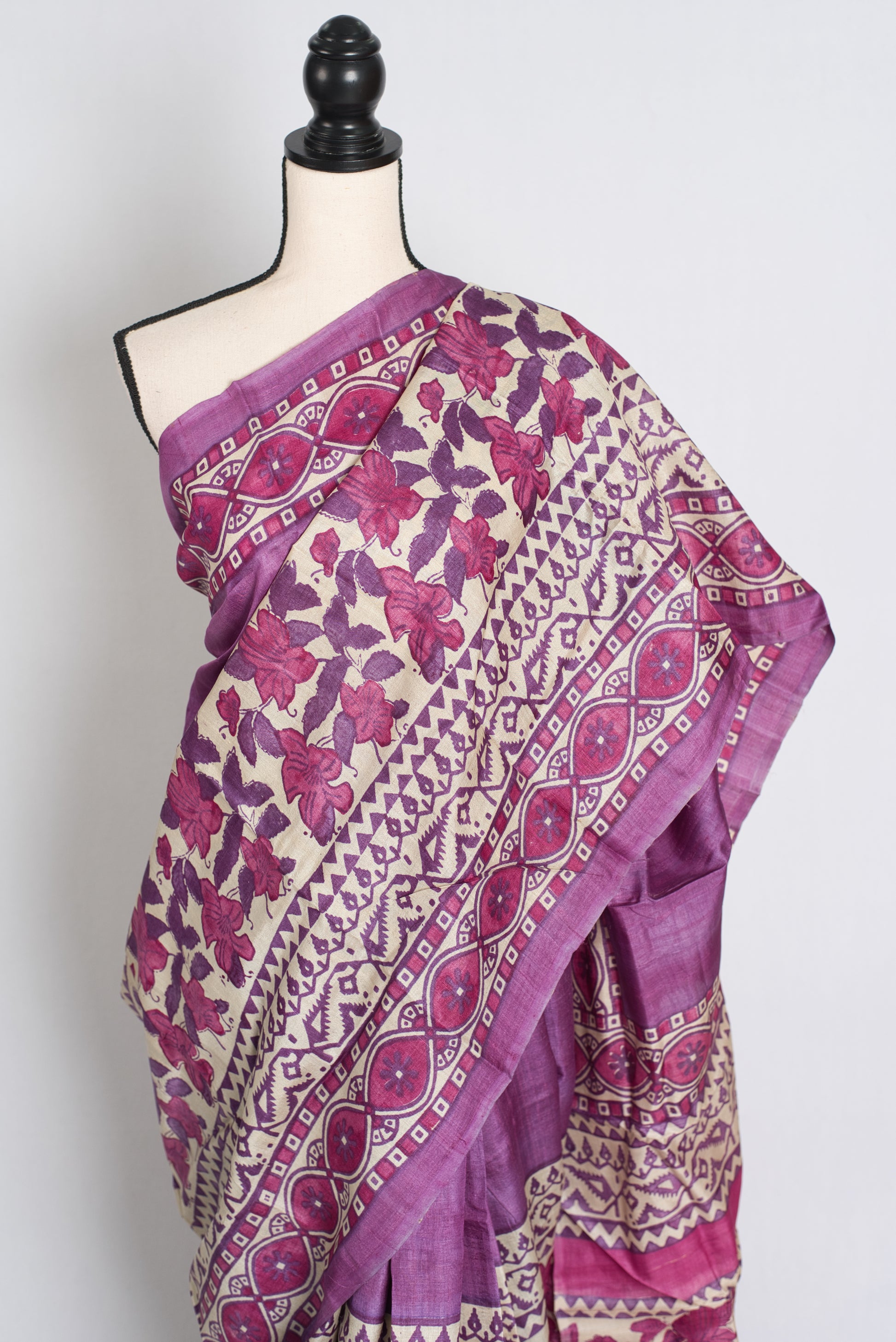 Girija : Premium Quality Hand Block Printed Lavender Tussar Silk Saree image 5