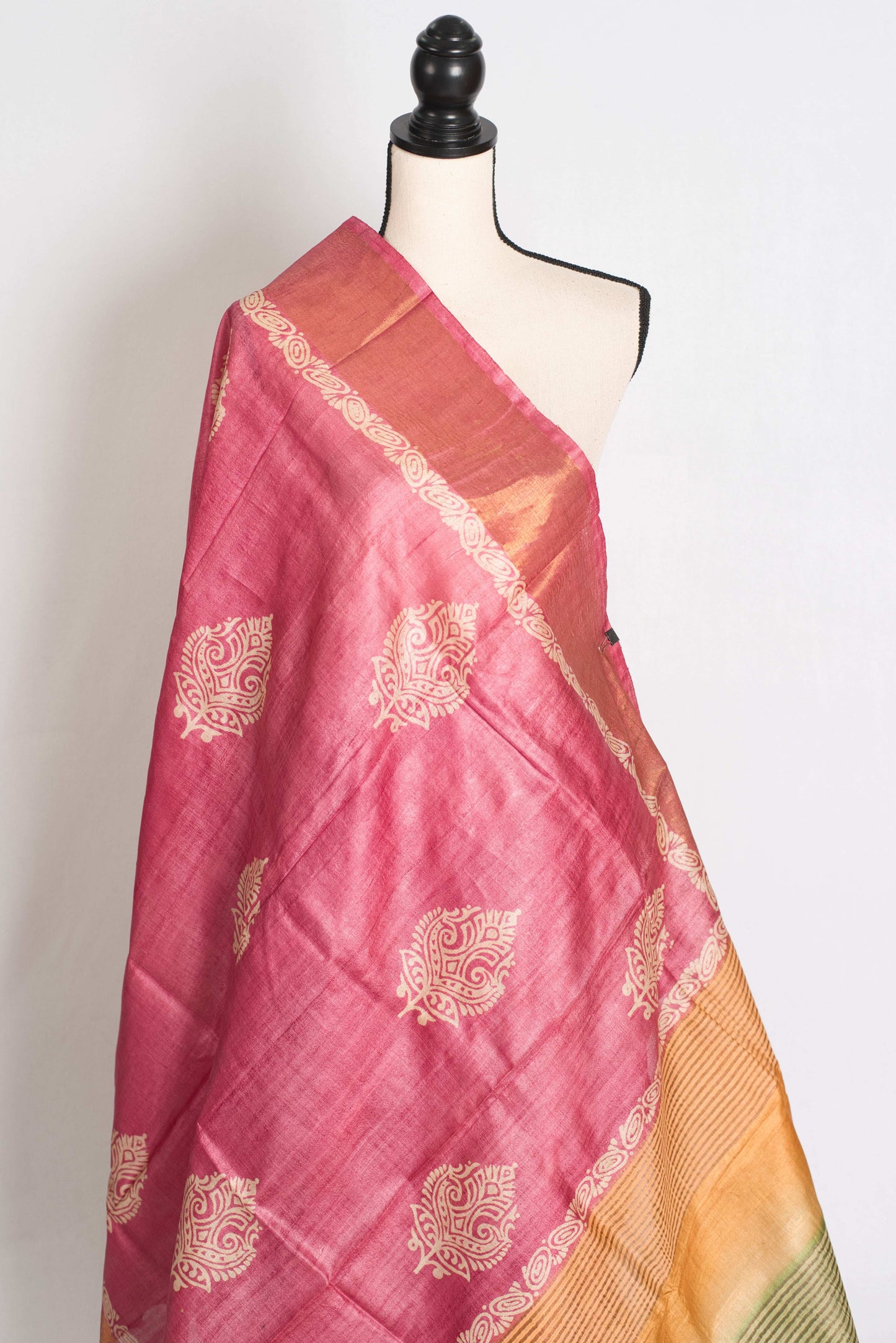Bela: Hand Block Printed Pink Tussar Silk Saree with Tri-Color Pallu image 4