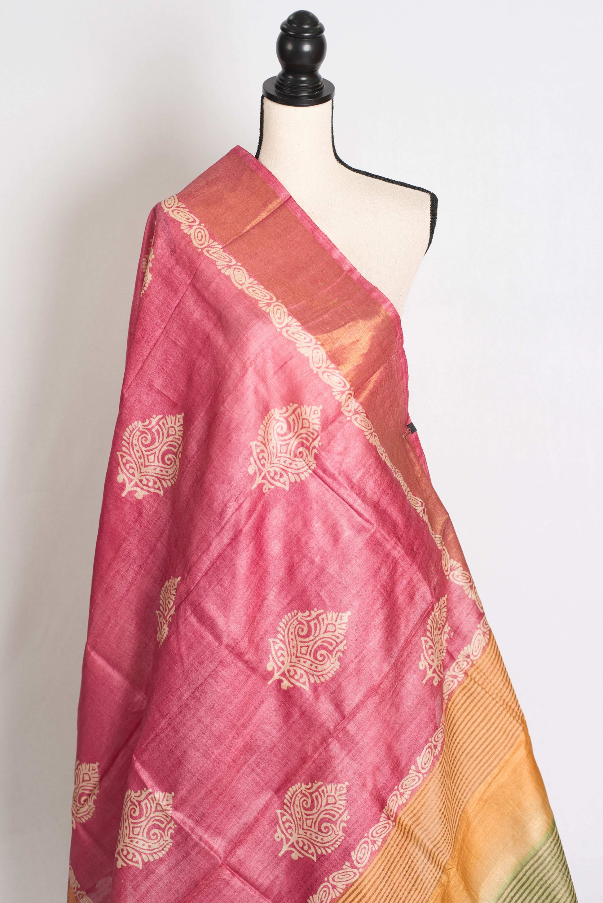 Bela: Hand Block Printed Pink Tussar Silk Saree with Tri-Color Pallu image 4