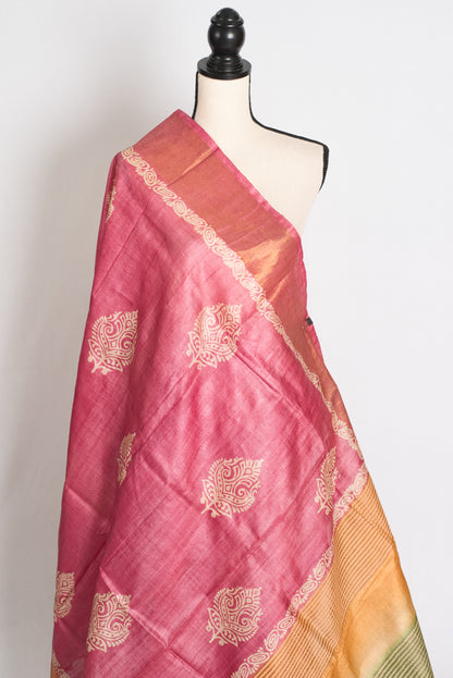 Bela: Hand Block Printed Pink Tussar Silk Saree with Tri-Color Pallu image 4