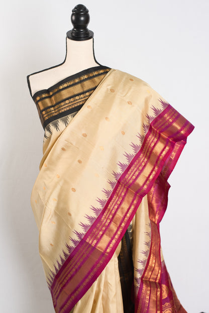 Meera : Ganga Jamuna Border Gadwal Silk Saree in Beige with Purple and Black image 5