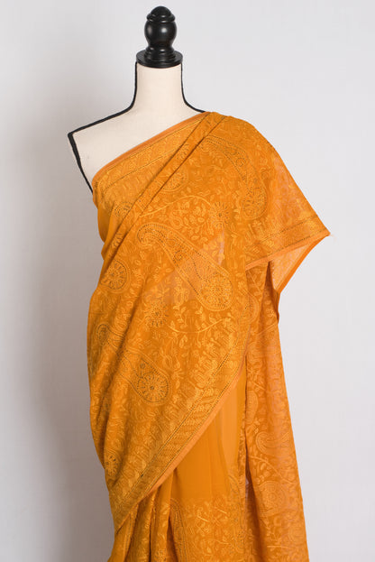 Zafraan - Mustard Yellow Kashmiri Embroidered Georgette Saree image 5
