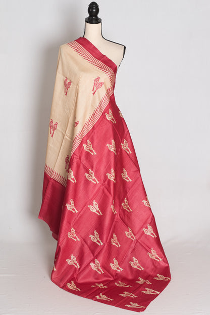 Mahi : Cream and Pink Bird Block Printed Tussar Silk Saree with 38 Size Blouse image 4