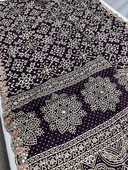 Zehra : Burgundy Modal Silk Ajrakh Saree with Hand Embroidery Saree image 3