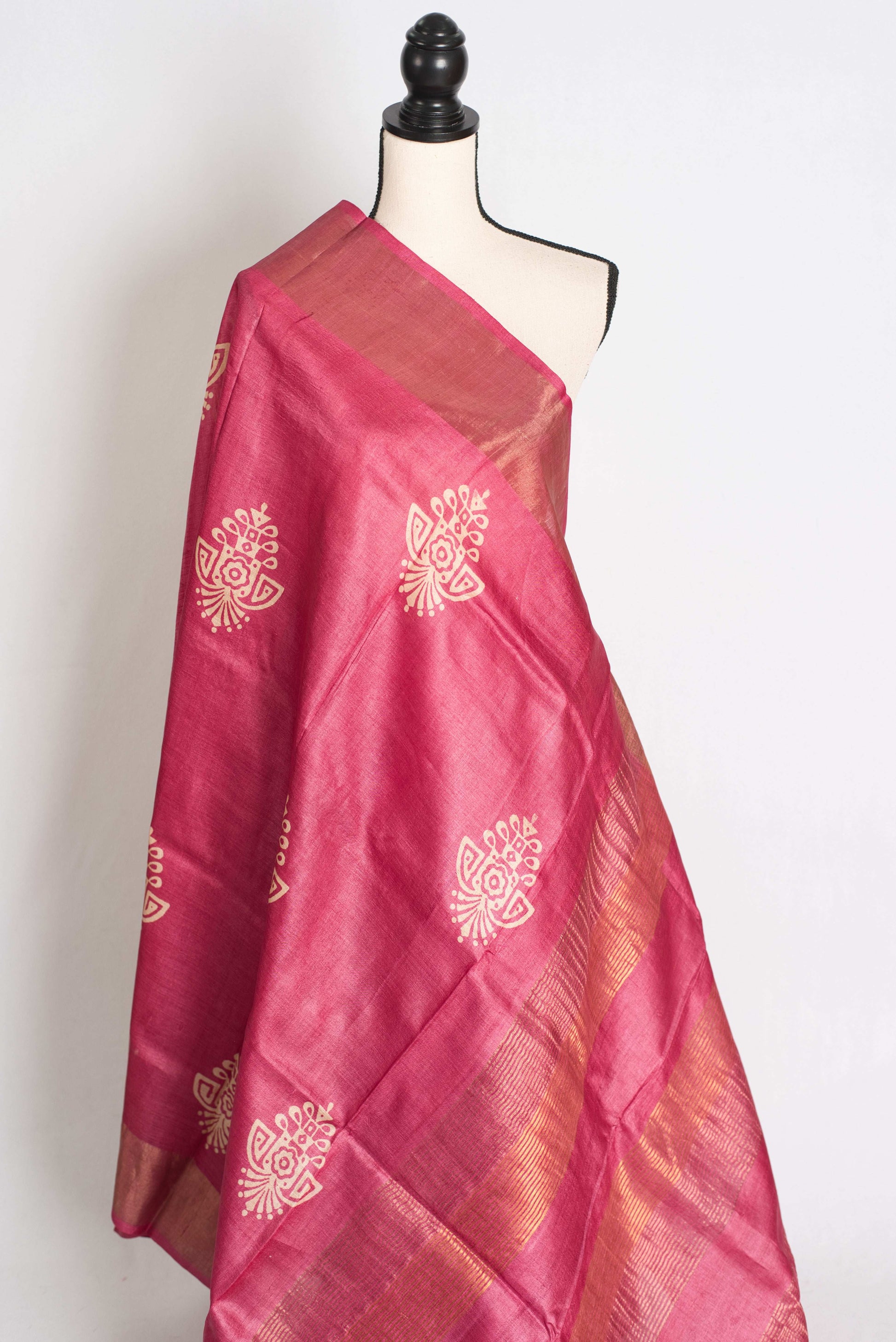 Sudha: Hand Block Printed Pink Tussar Silk Saree with Gold Muted Border image 4