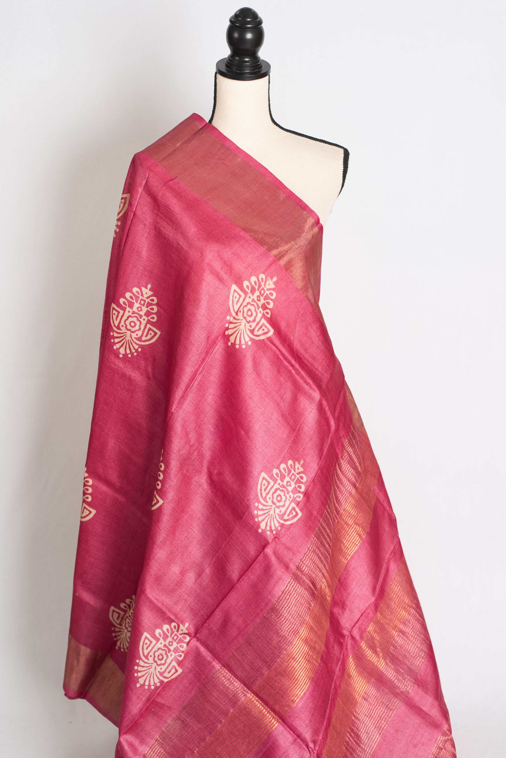 Sudha: Hand Block Printed Pink Tussar Silk Saree with Gold Muted Border image 4