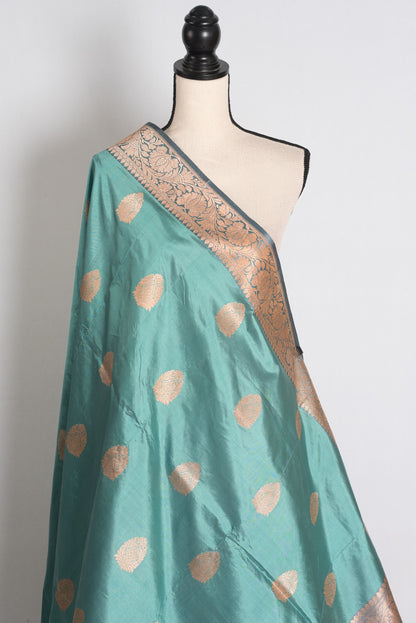 Uma: Pastel Green and Grey Banarasi Silk Saree with Blouse Piece image 4