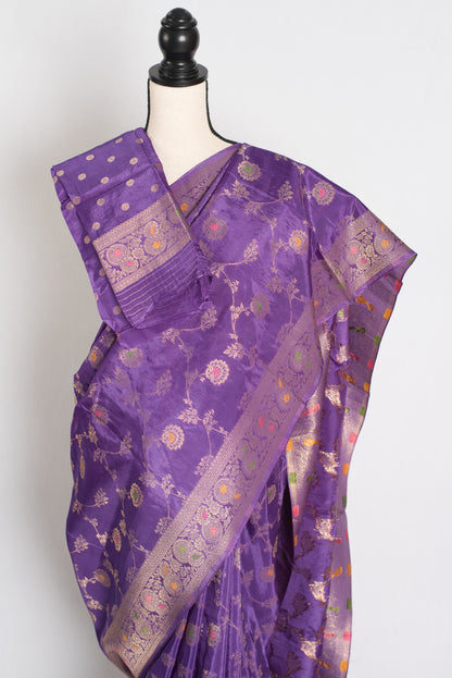 Amrita : Semi Crepe Silk Jaal Banarasi Saree in Purple and Gold image 2