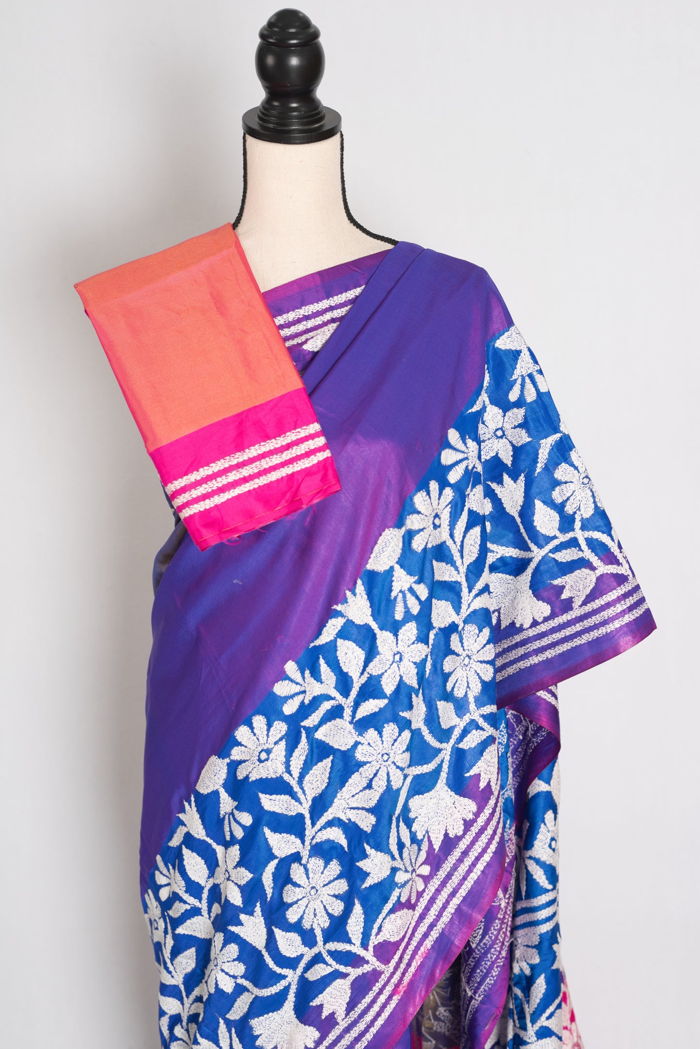 Sandhya : Purple Semi Silk Kantha Stitch Saree | Hand-Embroidered image 2