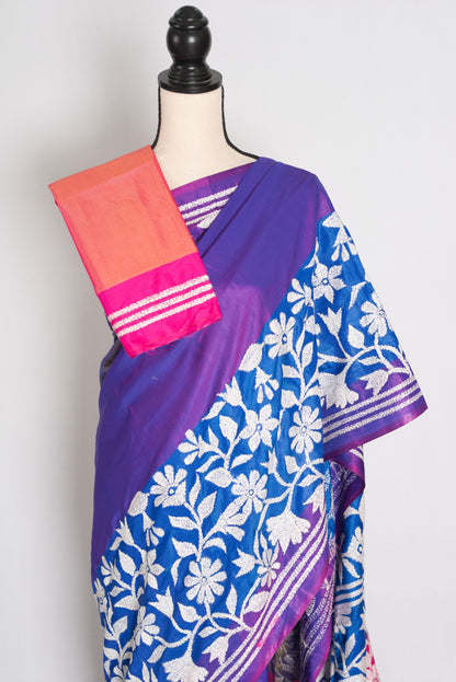 Sandhya : Purple Semi Silk Kantha Stitch Saree | Hand-Embroidered image 2