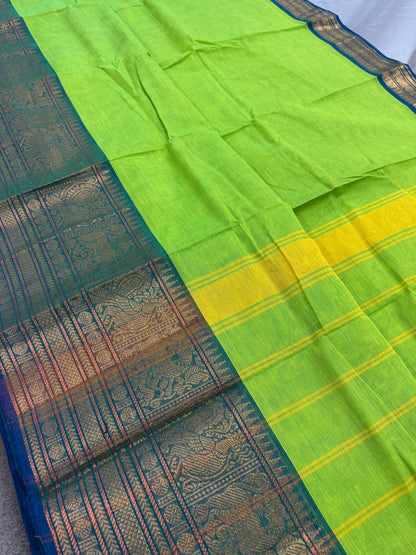 Nalini : Handwoven Kanchi Cotton Saree in Bright Green and Blue image 3