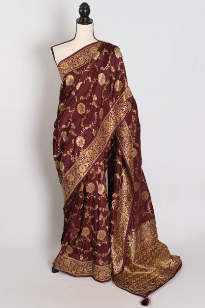 Shruti : Coffee Brown Dola Silk Banarasi Saree with 38 Size Blouse image 0