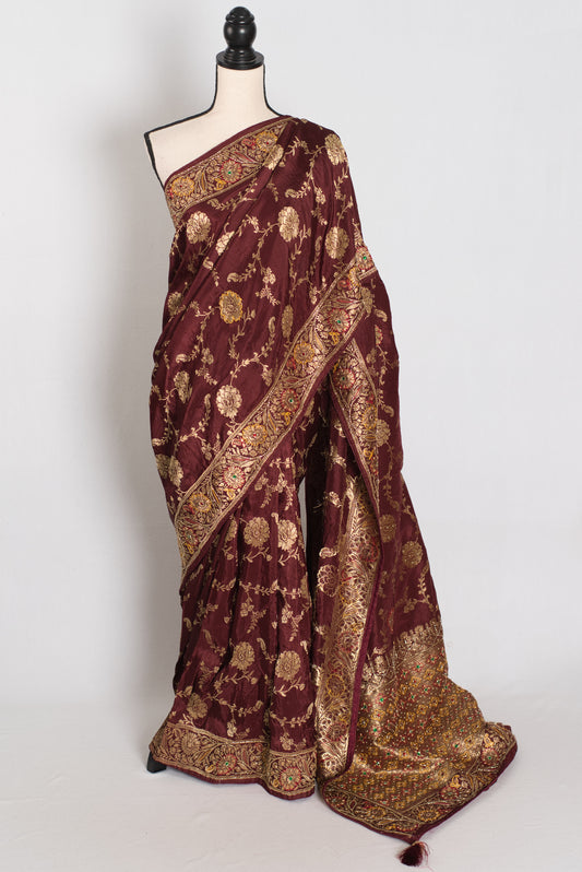Shruti : Coffee Brown Dola Silk Banarasi Saree with 38 Size Blouse image 0