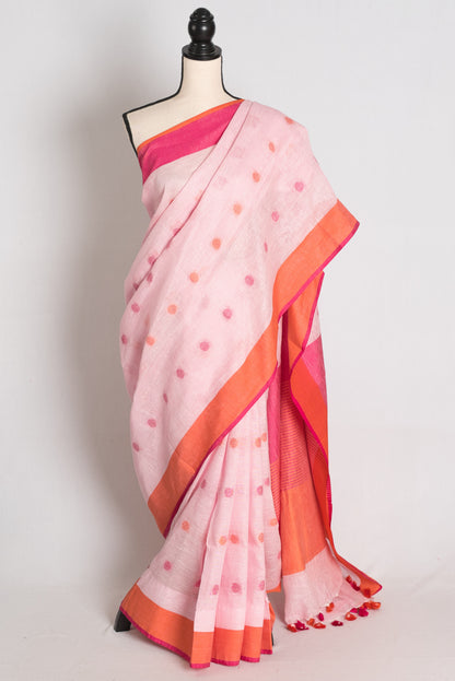 Afrin : Powder Pink Polka Dot Pure Linen Saree with Ganga Jamuna Border image 0
