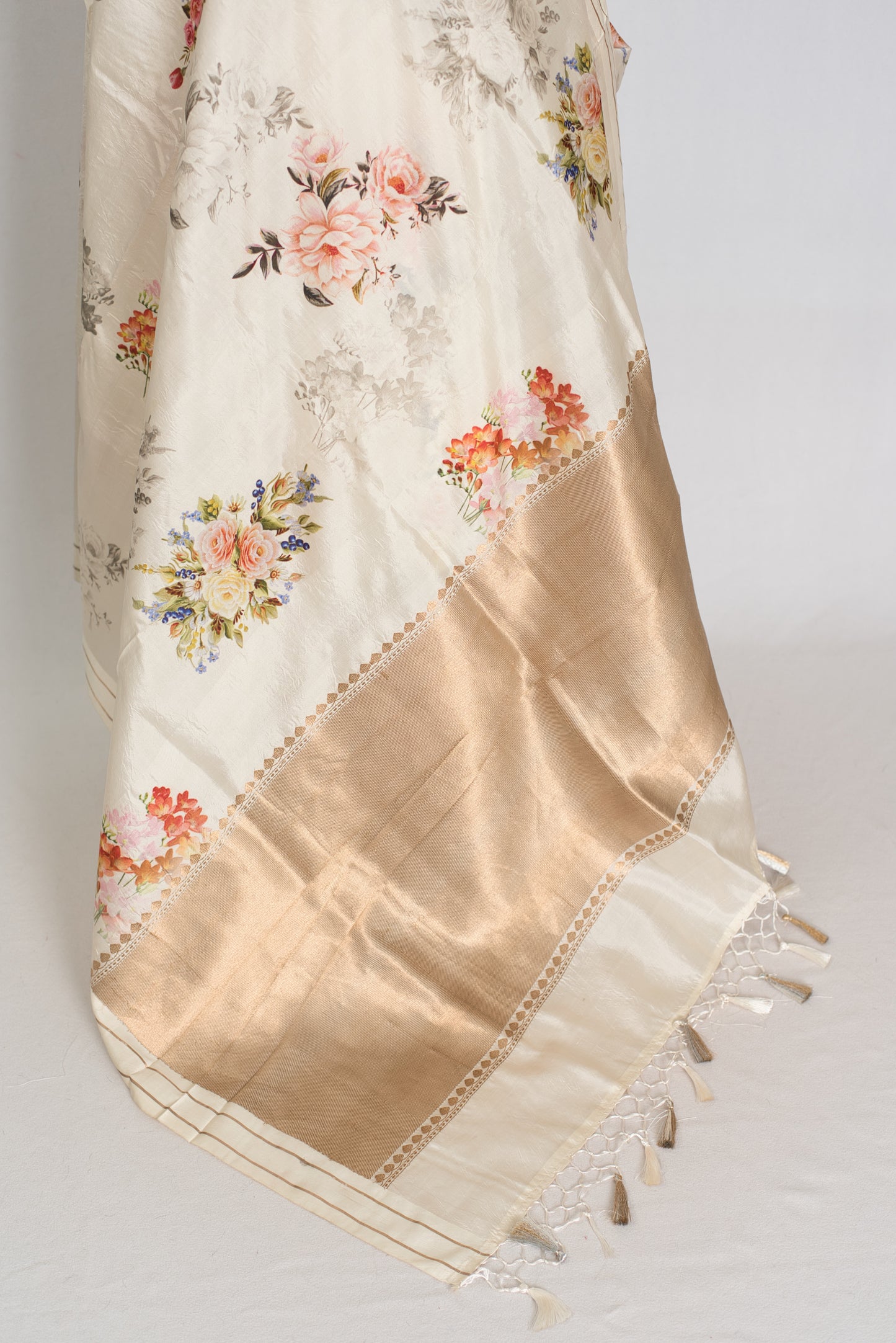 Sheuli : Ivory White Floral Printed Banarasi Katan Silk Saree image 3