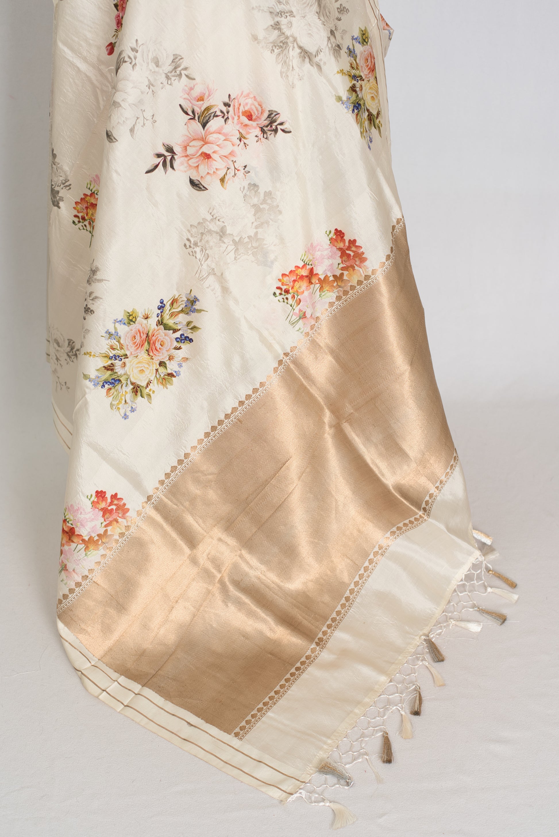 Sheuli : Ivory White Floral Printed Banarasi Katan Silk Saree image 3