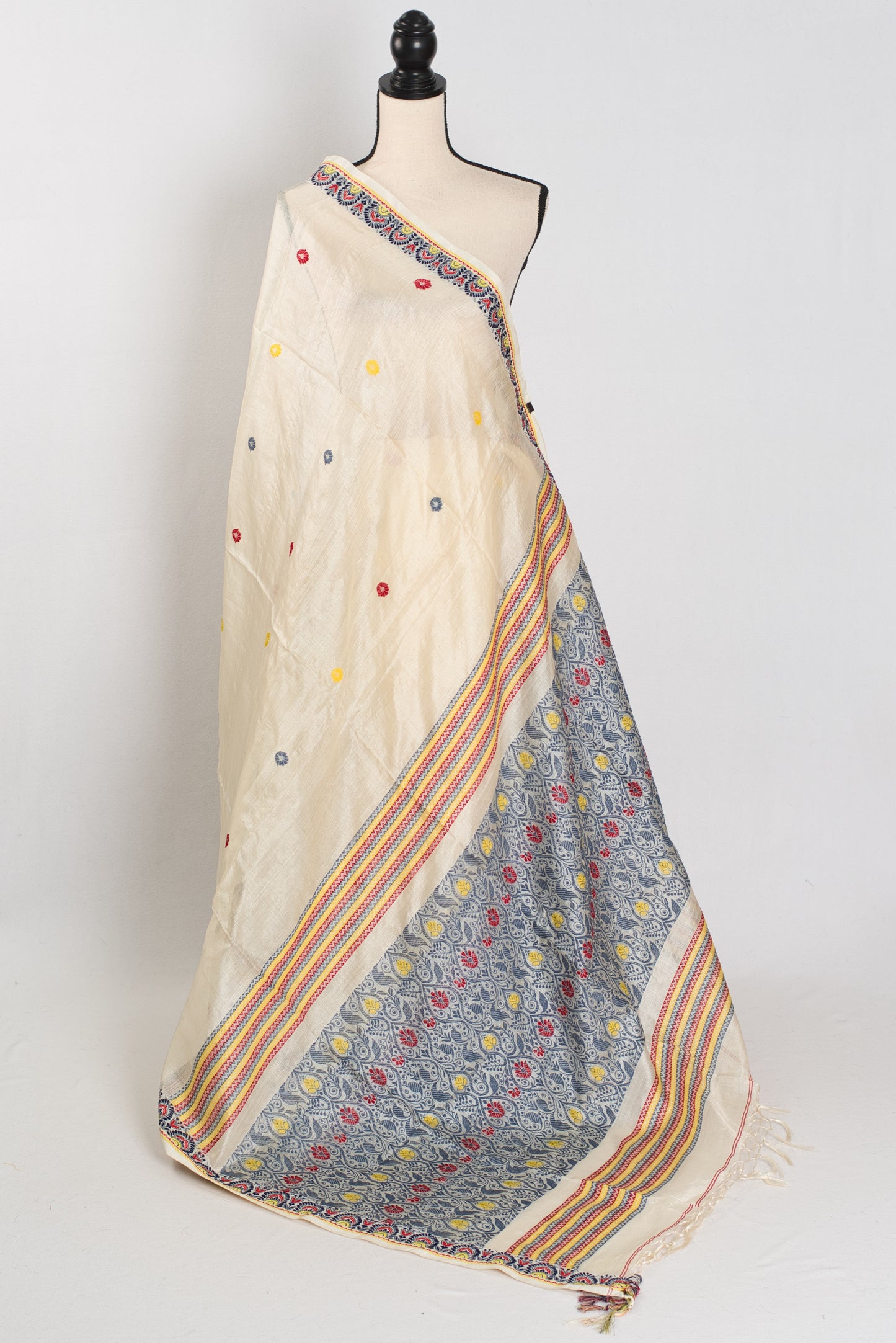 Moni: Cream & Black Bengal Tussar Silk Saree | Small Border Design image 1