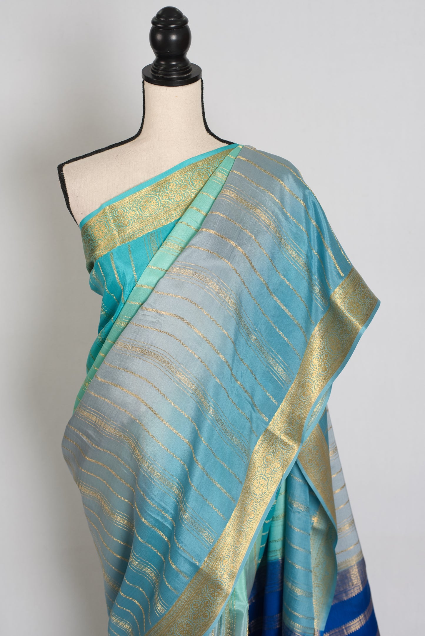 Vidya : Grey & Blue Shaded Premium Mysore Crepe Silk Saree | Silk Mark Certified image 6