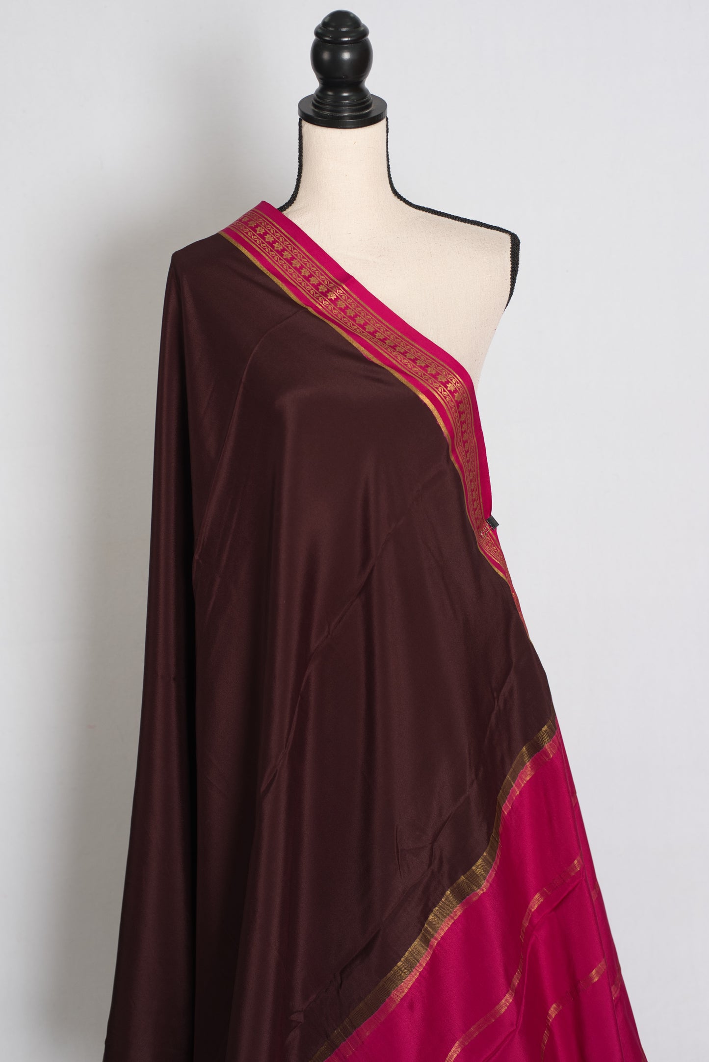 Devi : Brown and Pink Pure Mysore Crepe Silk Saree with 38 Size Stitched Blouse image 5