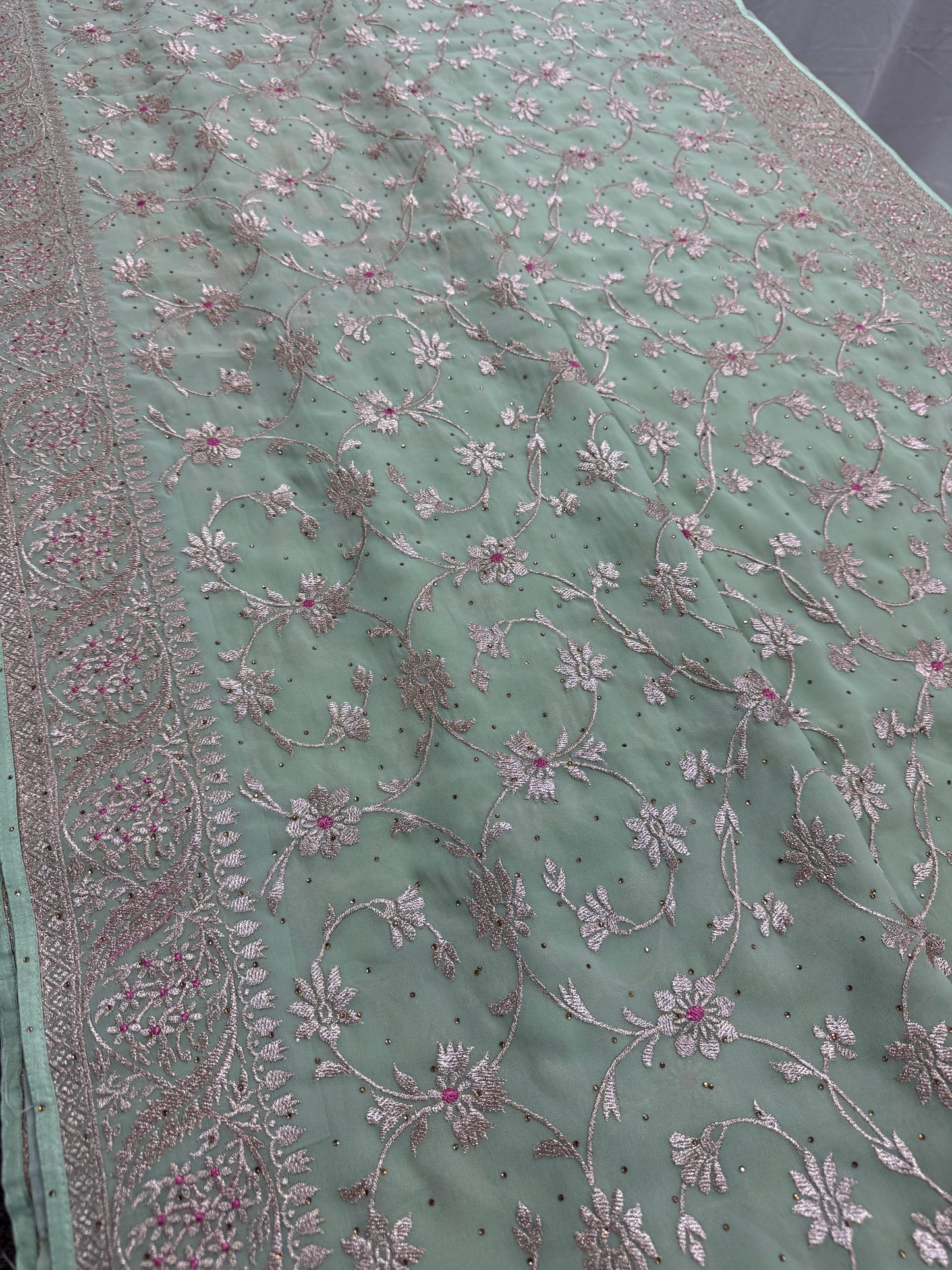 Pooja | Sea Green Georgette Partywear Saree | Elegant Machine Floral Embroidery image 6