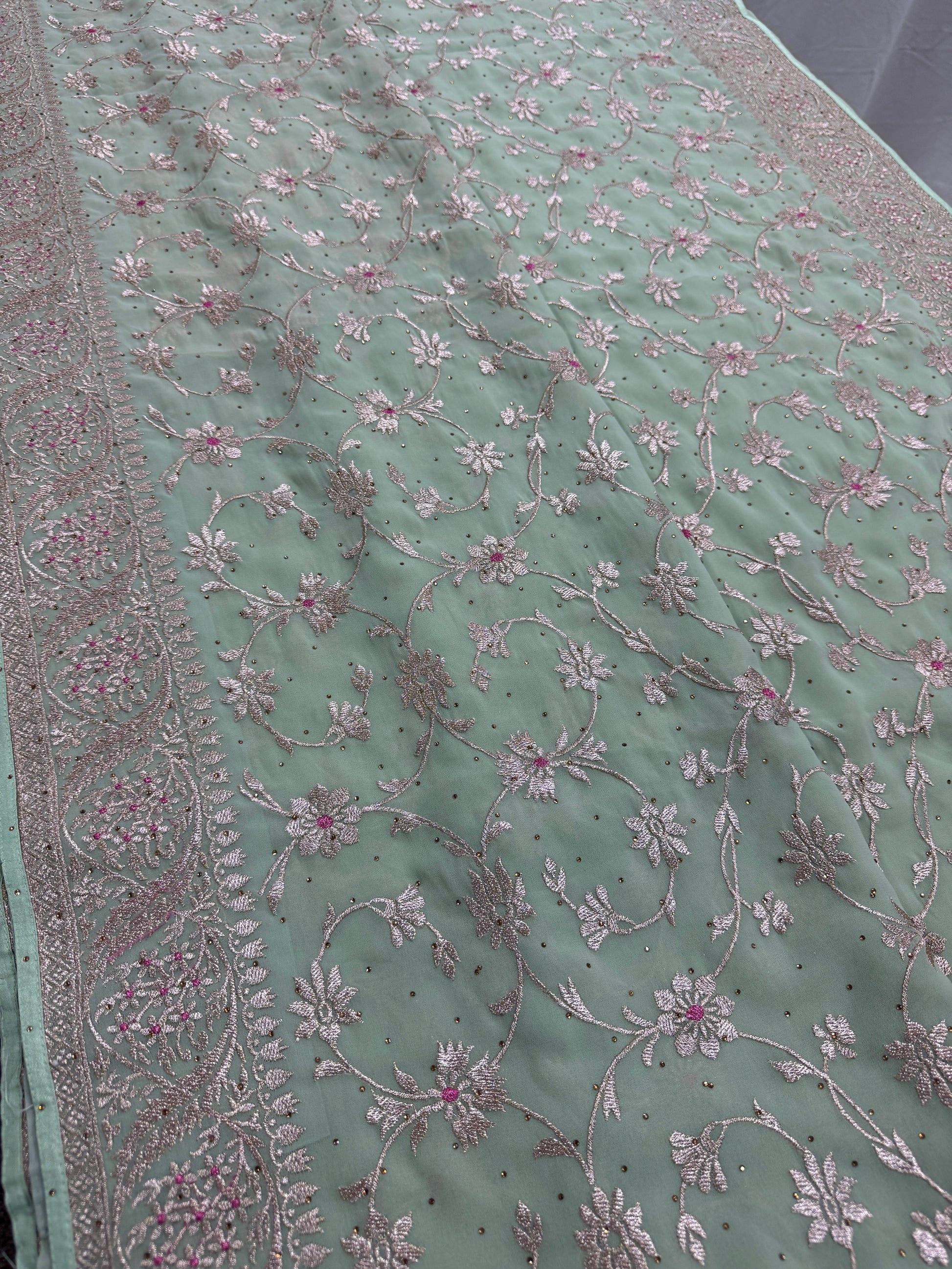 Pooja | Sea Green Georgette Partywear Saree | Elegant Machine Floral Embroidery image 6