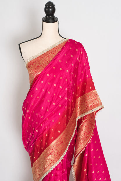 Harini | Pink & Red Dola Silk Banarasi Saree | Designer Stitched Lace Border image 6