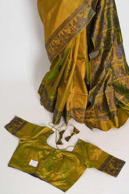 Bithi | Heena Green Handwoven Bishnupuri Baluchari Silk Saree | 38 Size Blouse image 1
