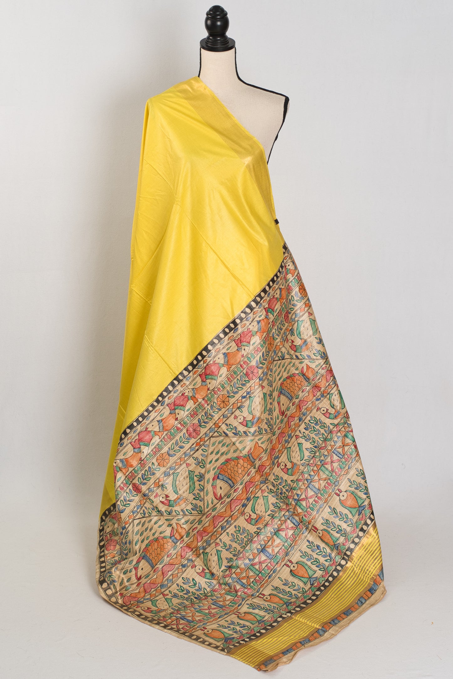 Ragini :Bright Yellow Staple Tussar Saree | Hand-Painted Madhubani Pallu image 1