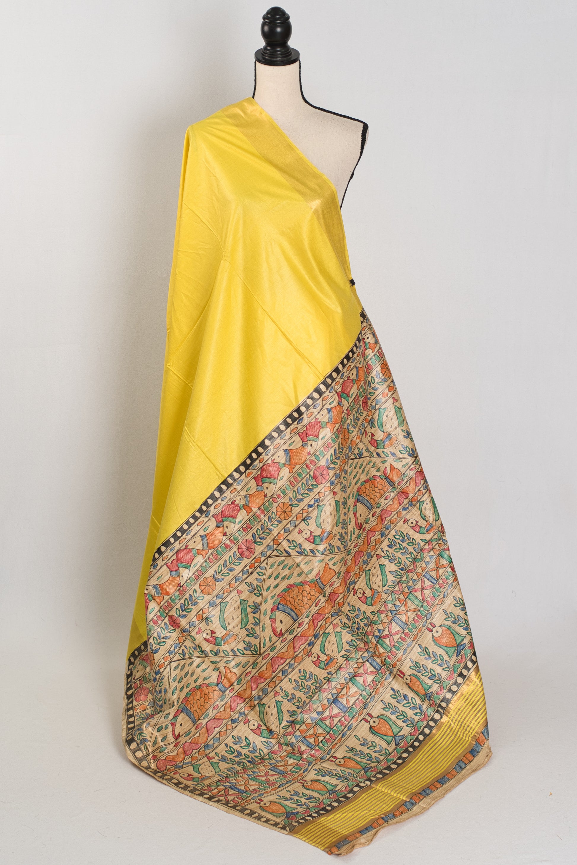 Ragini :Bright Yellow Staple Tussar Saree | Hand-Painted Madhubani Pallu image 1