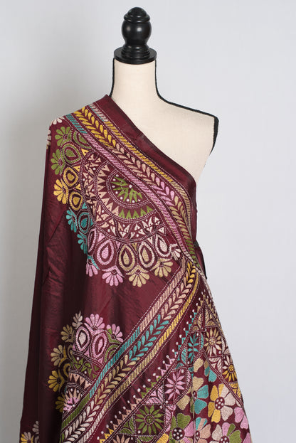Bandana : Maroon Silk Mark Certified Hand Embroidery Kantha Stitch Saree image 2