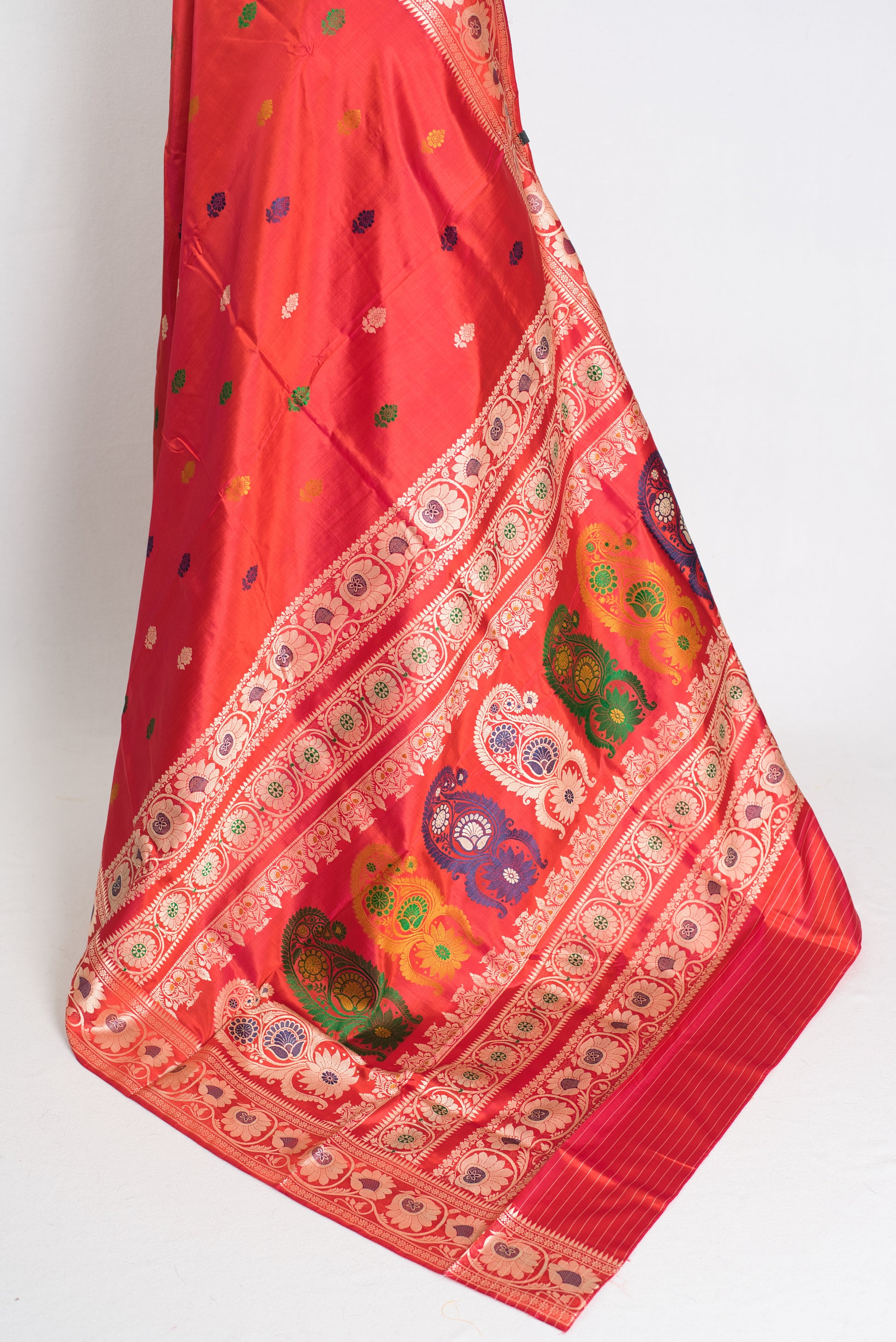 Aarna : Traditional Revival Baluchari Silk Saree from Bengal  in Orangish Red image 3