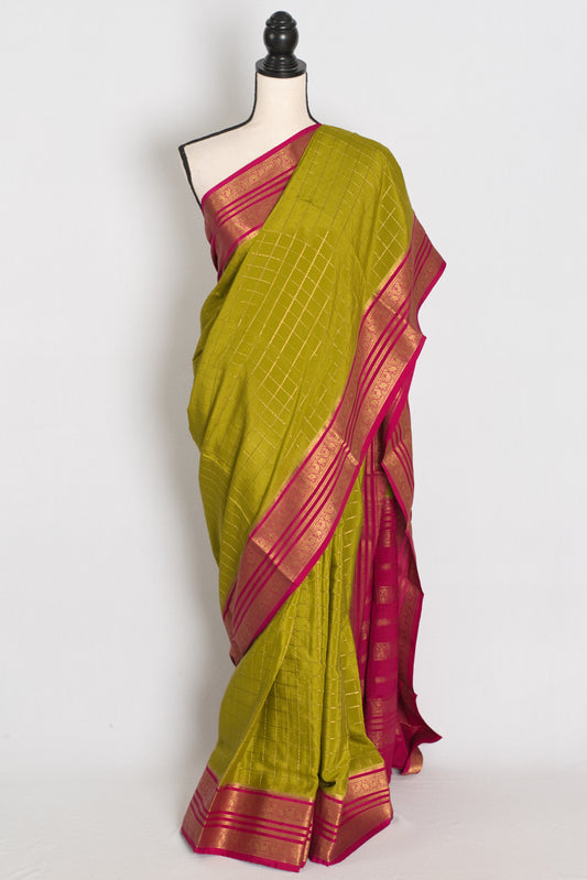 Maya – Moss Green and Dark Pink Checked Pure Mysore Silk Saree image 0