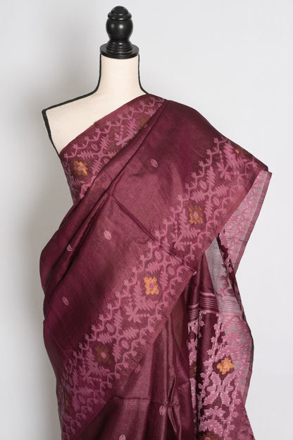 Ila : Burgundy Bengal Tussar Jamdani Silk Saree | Silk Mark Certified image 5