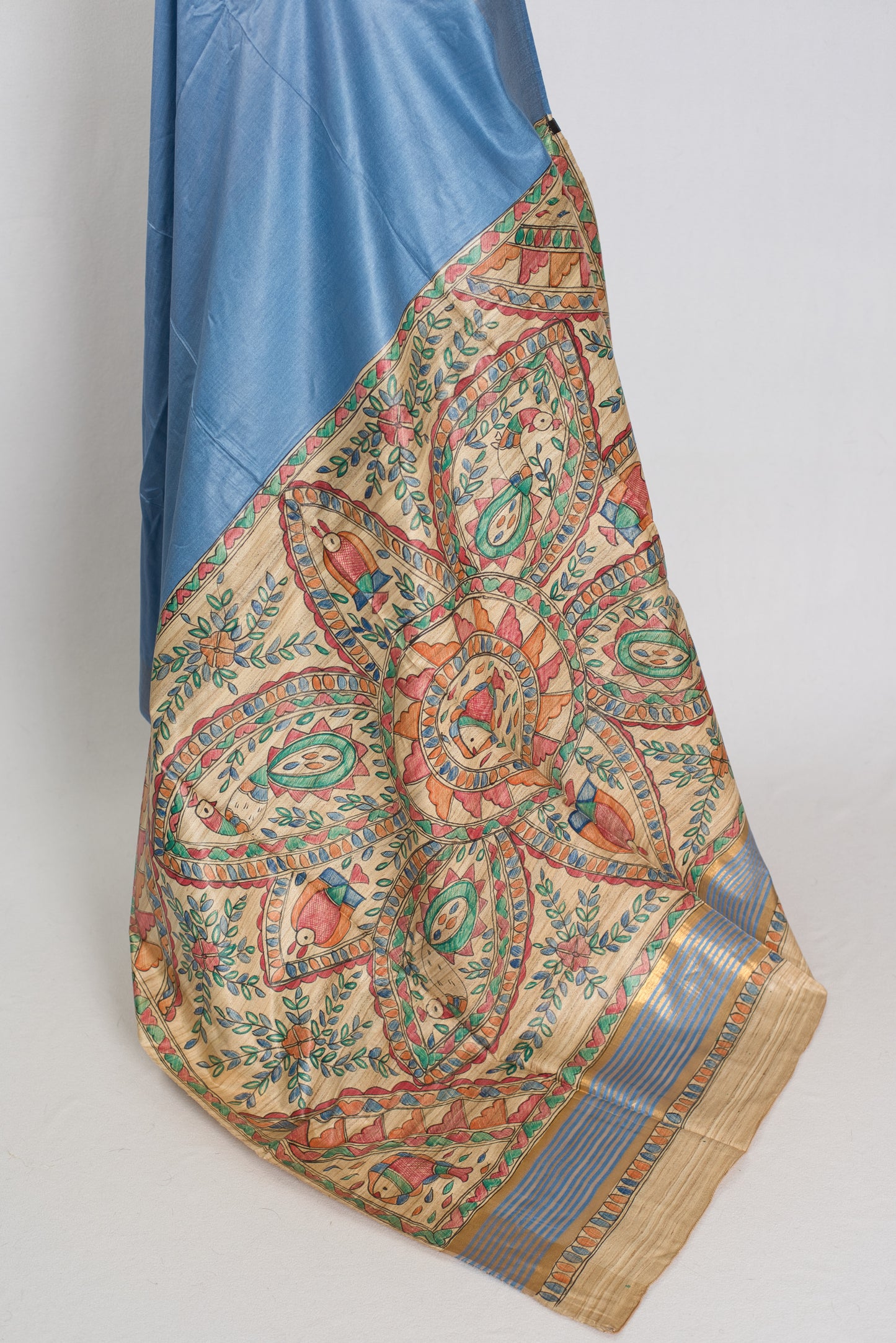 Shobha: Contemporary Blue StapleTussar Silk Saree | Hand-Painted Madhubani Pallu image 3