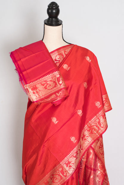 Supriya | Orange Red and Cream Handwoven Baluchari Pure Silk Saree image 2