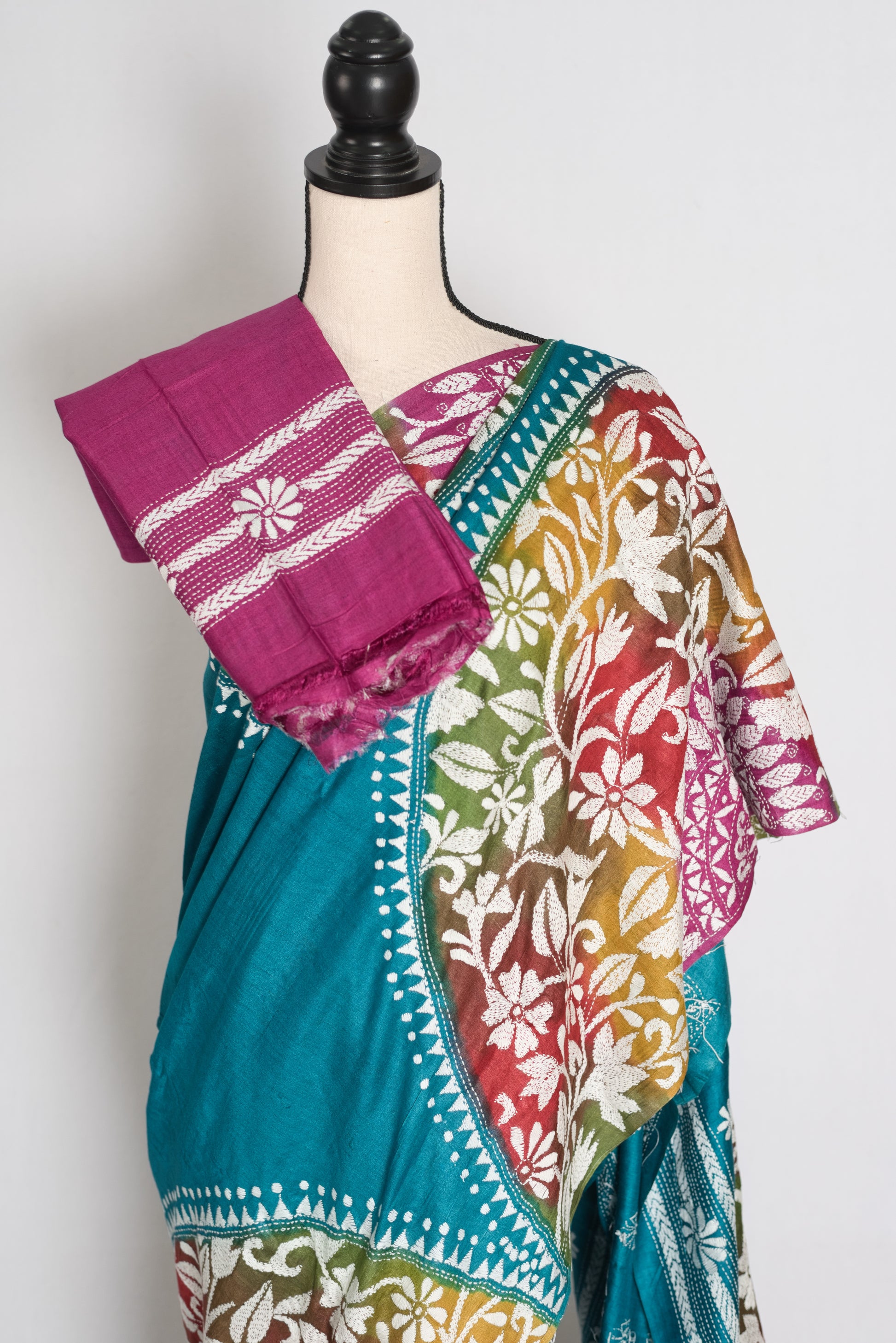 Ritaja : Teal Blue Hand-Dyed Tussar Silk Hand-Embroidered Kantha Stitch Saree image 2