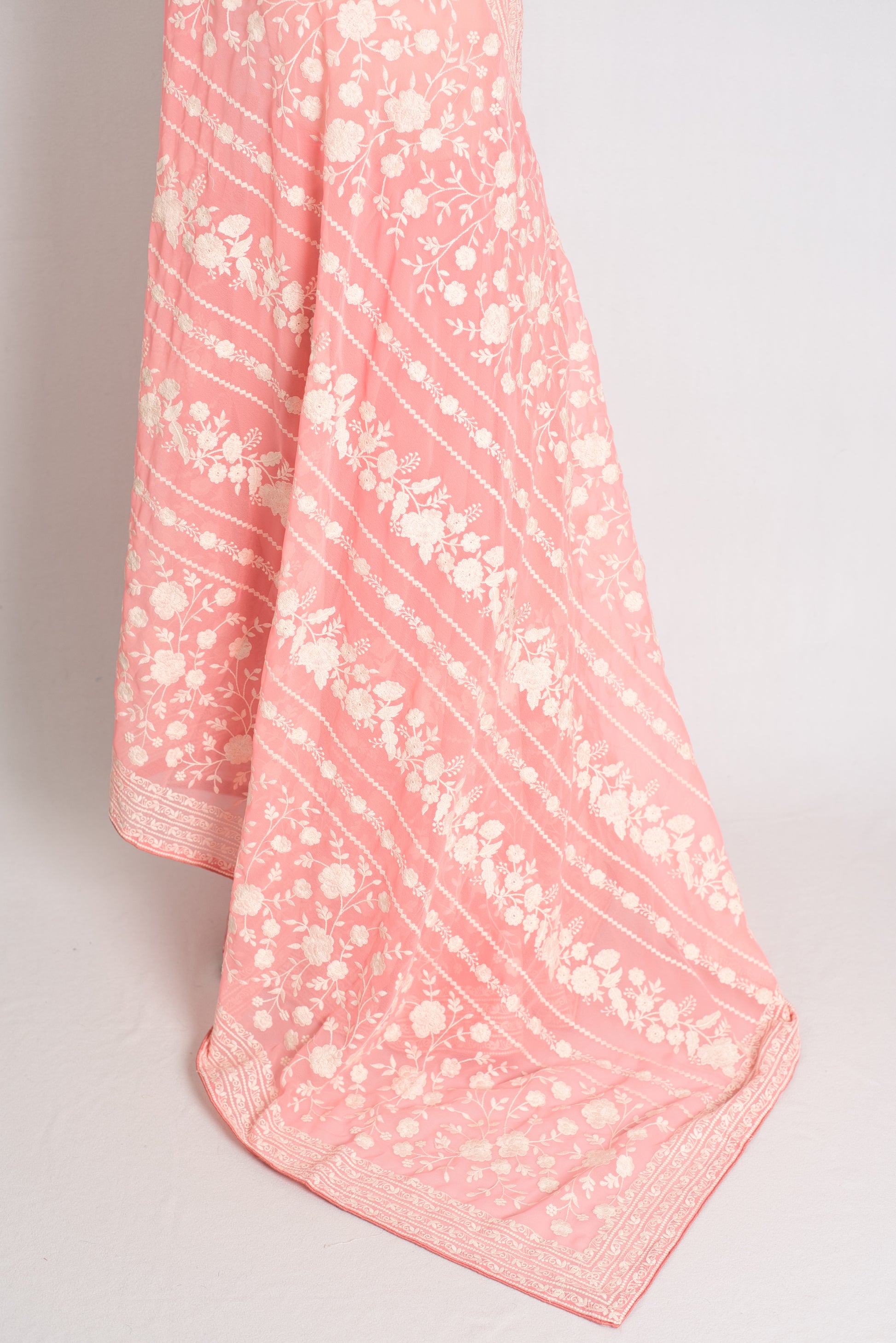 Samira : Peach and White Georgette Embroidered Partywear Saree image 2